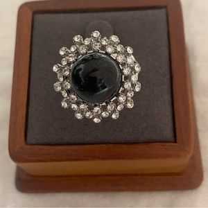 Rhinestones Sterling Silver Faux Black Agate Accent Ring